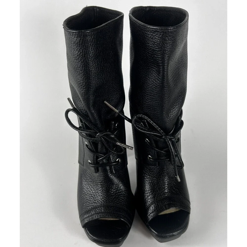 Michael Kors Women's Size 6M Black Leather Peep Toe Lace Up Booties Heels Shoe - Picture 4 of 9